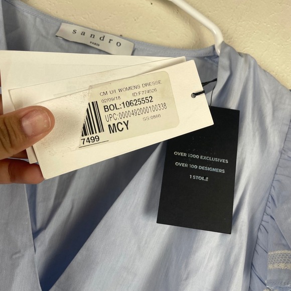 Sandro Paris Light Blue Smocked Waist Ruffle Sleeve Midi Dress Size 1 - Picture 2 of 10